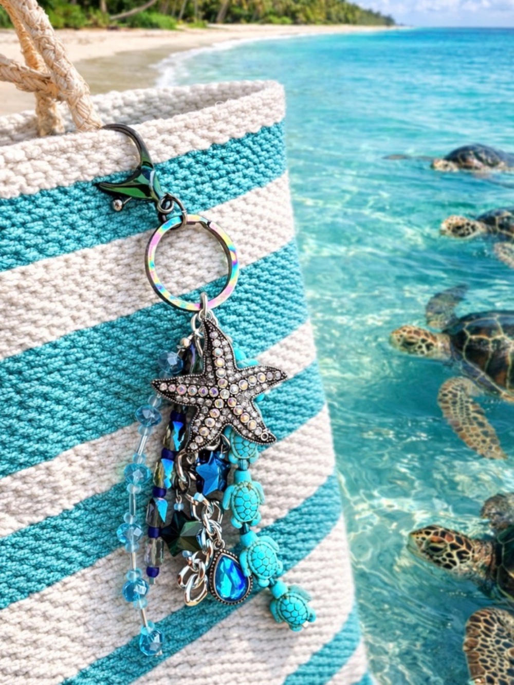 Beaded Starfish Keychain Charm in Turquoise & Blue